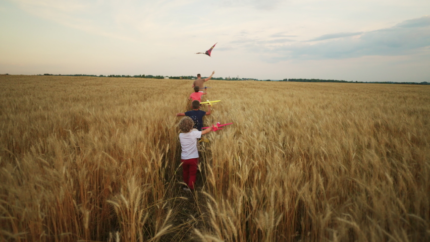 Group of little boys running and playing in golden wheat fields in summertime, rear view, slow motion | Shutterstock HD Video #1094854145
