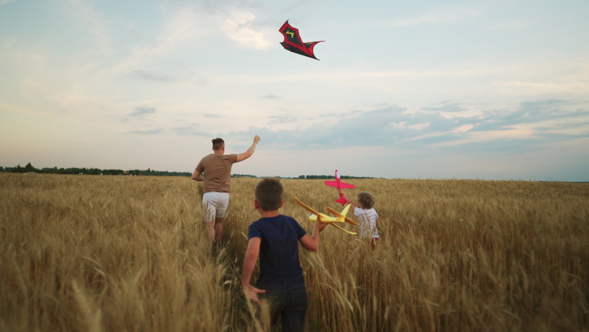 Father and little boys are flying kite in gold rye field in summertime, rear view, children playing | Shutterstock HD Video #1094854323