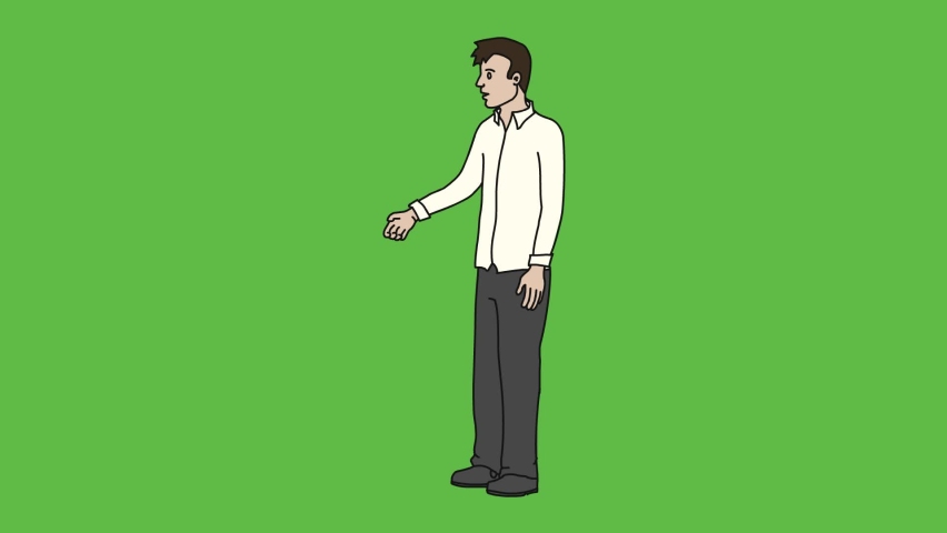 Draw standing young boy hold his one hand forward another keep straight wearing white shirt, grey trouser and grey shoes on abstract green background
 | Shutterstock HD Video #1094858275