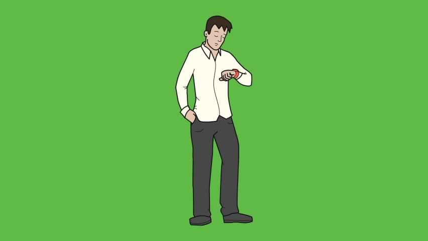 Draw standing young boy seeing wrist watch and keep right hand in pocket wearing white shirt, grey trouser and grey shoes on abstract green background
 | Shutterstock HD Video #1094858277