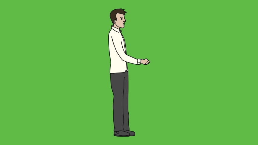 Draw standing young boy hold his right hand forward wearing white shirt, grey trouser and grey shoes on abstract green background
 | Shutterstock HD Video #1094858279