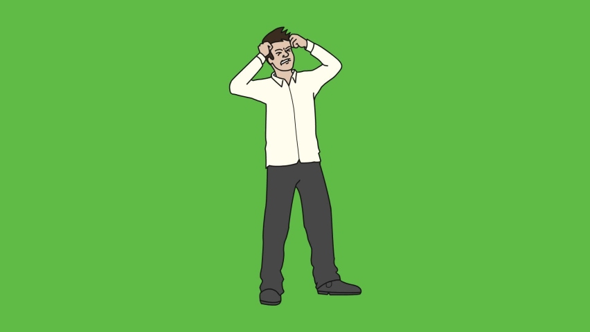 Draw standing young boy hold his hands on forehead wearing white shirt, grey trouser and grey shoes on abstract green background
 | Shutterstock HD Video #1094858283