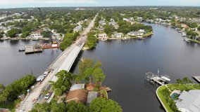 4K Drone Video of Bridge Repair on Tampa Bay in St Petersburg, Florida on Sunny Summer Day