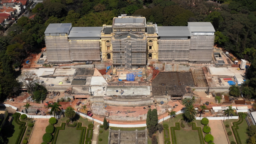 Aerial view of the Ipiranga Museum under restoration for its reopening due to the celebration of the bicentenary of the Brazilian independence in 2022. In the Independence Park from São Paulo.