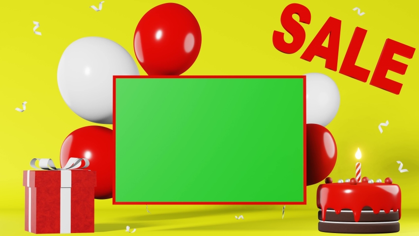 Sale text discount banner chroma key mockup. Hot offer Best price 3d animation yellow background. Red gift box white balloons cake. Online shopping promotion. Shop coupon advertisement poster template | Shutterstock HD Video #1094863303