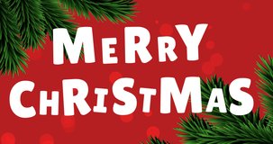 Animation of christmas greetings text with christmas decorations and tree branches on red background. christmas, winter, tradition and celebration concept digitally generated video.