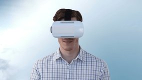 Animation of man in vr headset over clouds. communication, data technology and digital interface concept digitally generated video.