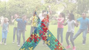 Animation of colourful puzzle pieces creating autism awareness ribbon over schoolchildren. autism, learning difficulties, support and awareness concept digitally generated video. - Powered by Shutterstock - Get 15% off with code: PIKWIZARD15