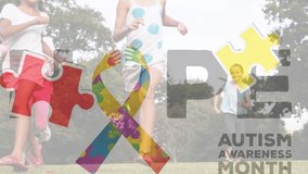Animation of colourful puzzle pieces creating autism awareness ribbon over schoolchildren. autism, learning difficulties, support and awareness concept digitally generated video. - Powered by Shutterstock - Get 15% off with code: PIKWIZARD15
