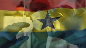 Animation of flag of ghana waving over doctor wearing face mask and holding vaccine. global medicine, healthcare services during covid 19 pandemic concept digitally generated video.