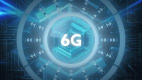 Animation of 6g text over scope scanning and computer circuit board. global connections, technology, data processing and digital interface concept digitally generated video. - Powered by Shutterstock - Get 15% off with code: PIKWIZARD15