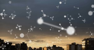 Animation of molecules floating over cityscape. global science and data processing concept digitally generated video.