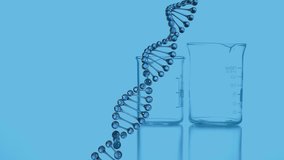 Animation of dna chain and measuring cups on blue background. chemistry and science concept digitally generated video.