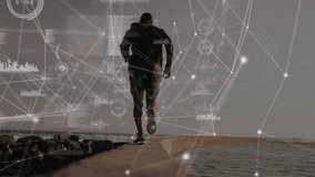 Animation of network of connections over back view of fit african american man jogging at sea. healthy active lifestyle and global networks concept digitally generated video.