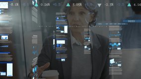 Animation of financial data processing over caucasian businesswoman in office. global business, finances and data processing concept digitally generated video.