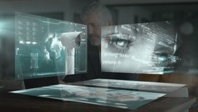 Animation of financial data processing on screens and security camera over businessman in office. global business, finances and data processing concept digitally generated video. - Powered by Shutterstock - Get 15% off with code: PIKWIZARD15