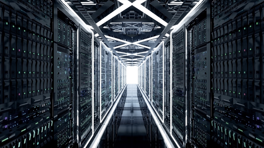 Modern Big Data Center Futuristic concept, Camera moving Through Endless Data Center in Data Center along the row of network servers, seamless loop, cloud computing,  Server Racks Blinking LED lights - Powered by Shutterstock - Get 15% off with code: PIKWIZARD15