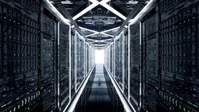 Modern Big Data Center Futuristic concept, Camera moving Through Endless Data Center in Data Center along the row of network servers, seamless loop, cloud computing,  Server Racks Blinking LED lights - Powered by Shutterstock - Get 15% off with code: PIKWIZARD15