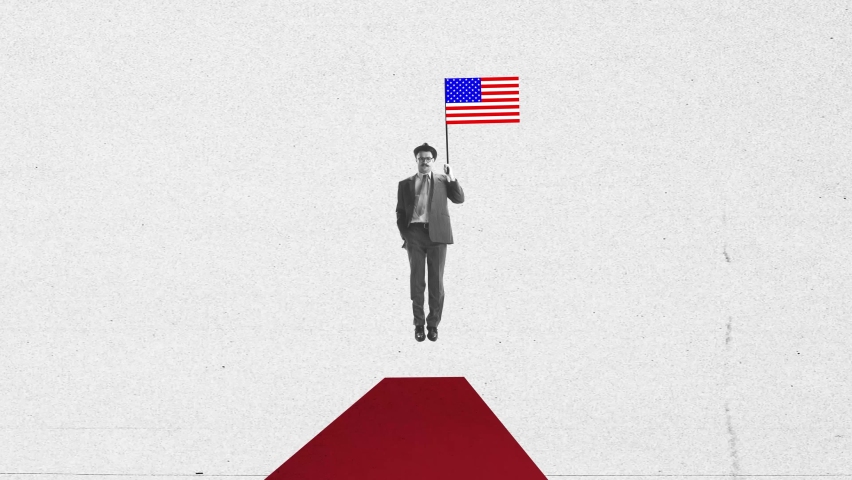 Young man with USA state flag jumping on red springboard. Freedom and independence. Human rights, peace. Stop motion, 2D animation. Support, hope, equlity and diversity concept | Shutterstock HD Video #1094881083