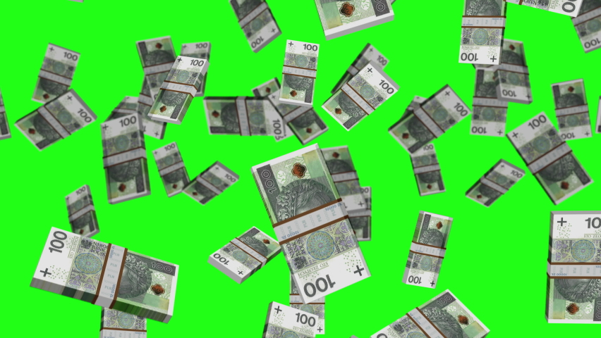 Zloty 100 PLN banknote packs falling loop. Poland money note fall. 3D seamless looped isolated abstract concept of economy, finance, crisis, success and banking. Green screen. | Shutterstock HD Video #1094883307