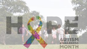 Animation of colourful puzzle pieces creating autism awareness ribbon over schoolchildren. autism, learning difficulties, support and awareness concept digitally generated video. - Powered by Shutterstock - Get 15% off with code: PIKWIZARD15