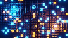 Vertical 3D rendered loop video with moving cubes waves in neon glowing light background. Abstract blue and orange technologic seamless looped. Hyperrealistic dimensional geometrical patterned visual