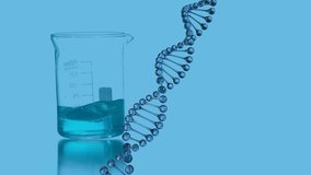 Animation of dna chain and moving measuring cup on blue background. chemistry and science concept digitally generated video.
