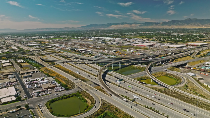 Aerial view of a multiple lane highway leading to downtown, Salt Lake City, Utah