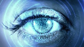 4K Digital composite of eye open and close while binary codes move Loop Animation. Concept of future,innovation, immersive technology, gaming,virtual reality. protection of persons. 3D Illustration - Powered by Shutterstock - Get 15% off with code: PIKWIZARD15