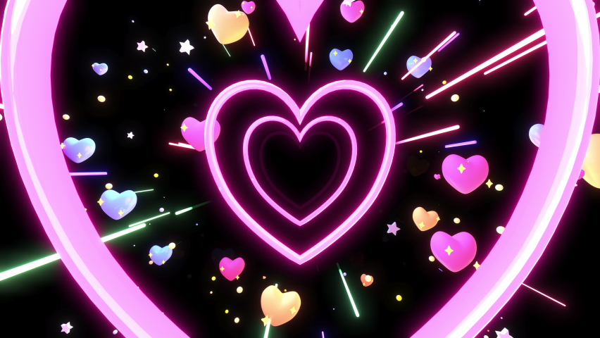Looped passing through neon pink heart tunnel with glowing stars and light streaks in the dark animation. Royalty-Free Stock Footage #1094901579