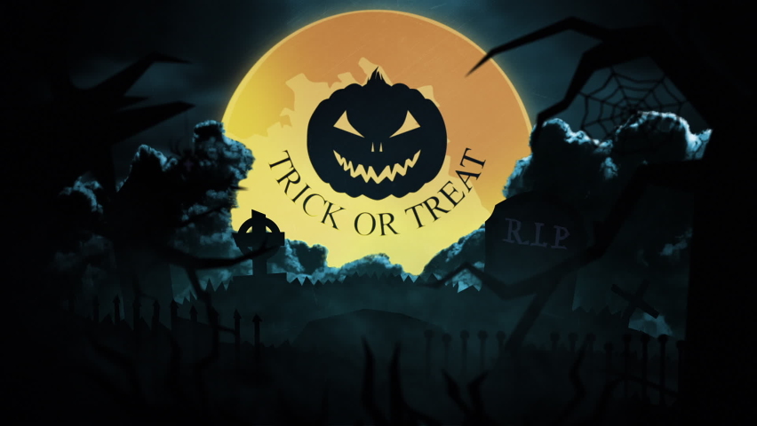 Scary Halloween cemetery at dark night with skeleton hand and flying bats on the background of a full moon with pumpkin. Trick or treat, spooky invitation concept | Shutterstock HD Video #1094906167