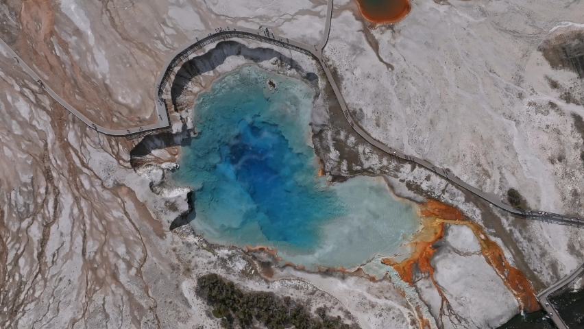 Grand Prismatic Spring view at Yellowstone National Park. Aerial scenic 4k video. Midway Geyser Basin, Yellowstone National Park, Wyoming, USA