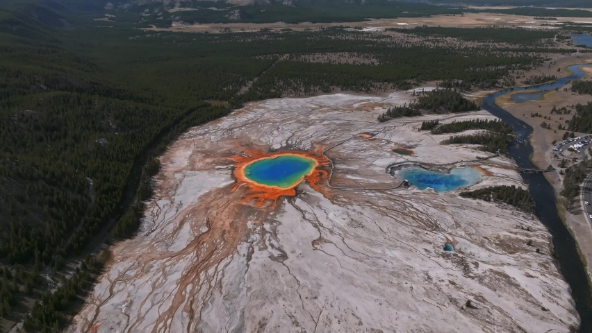 Grand Prismatic Spring view at Yellowstone National Park. Aerial scenic 4k video. Midway Geyser Basin, Yellowstone National Park, Wyoming, USA Royalty-Free Stock Footage #1094907875