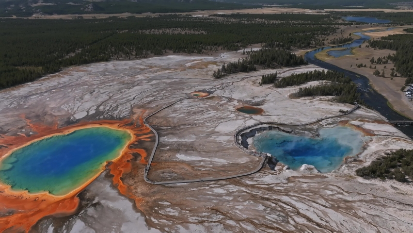 Grand Prismatic Spring view at Yellowstone National Park. Aerial scenic 4k video. Midway Geyser Basin, Yellowstone National Park, Wyoming, USA | Shutterstock HD Video #1094908055
