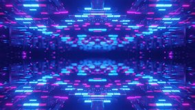 Fly through symmetrical technology cyberspace with neon glow. Sci-fi flight through hi-tech technology tunnel. Neon light. 3d looped 4k bg. sci-fi constructions, mysterious 3d objects. 3D Illustration