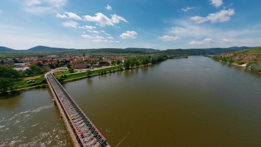 Long Mauterner Bridge Over Danube Calm River In Krems Town, Wachau valley, Austria