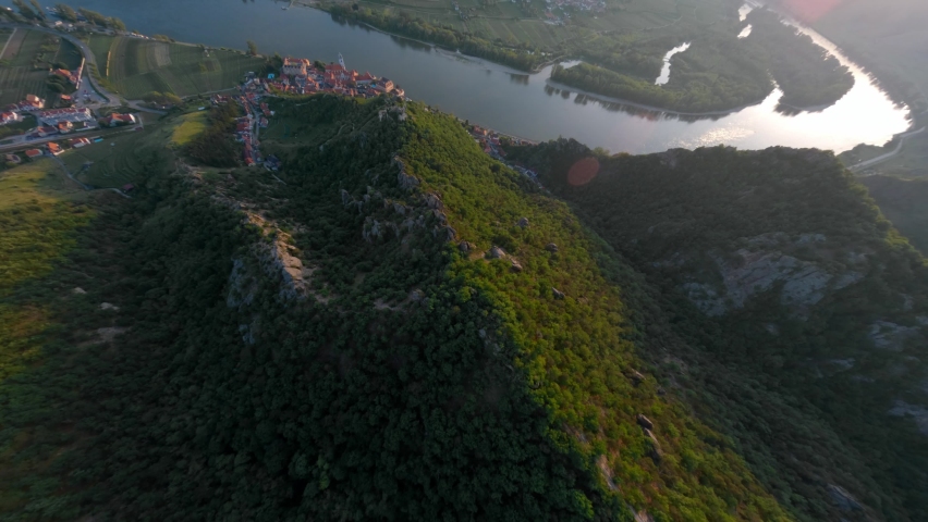FPV Flying Low Over Old Castle Ruins On Top Of Rocky Mountain Formation, Dürnstein, Austria