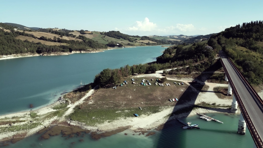 A drone shot from Cingoli lake (Castreccioni). A little town of Italy that has an artificial lake