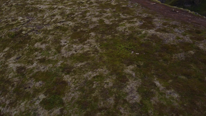 Canyon waterfall rising quickly drone shot of red jacket hiker admiring view of green canyon. Iceland Ringroad Mulagljufur Canyon