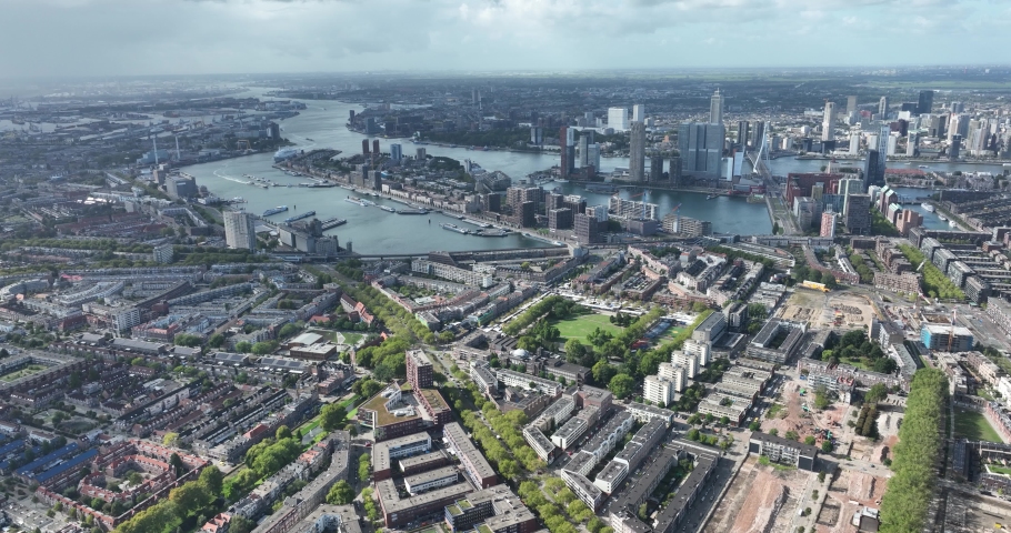 Skyline of Rotterdam urban city center environment. Feijenoord district of south of the Nieuwe Maas. Port city in the province of South Holland, the Netherlands. metropolian region. Infrastructure.