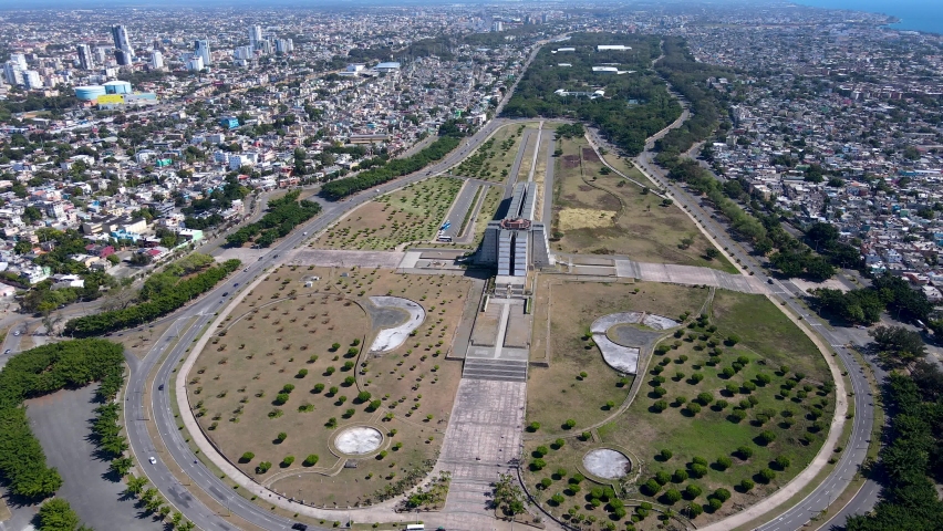 Beautiful aerial view of the iconic Christopher Columbus monument, the Colon Lighthouse in located in  Santo Domingo, the capital of Dominican Republic