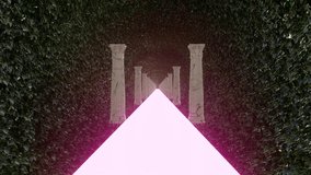 3d rendering looped animation of Classic Column flight in leaf circle tunnel with glow floor, abstract background, virtual reality, portal, ultraviolet spectrum. Motion graphic design - Powered by Shutterstock - Get 15% off with code: PIKWIZARD15