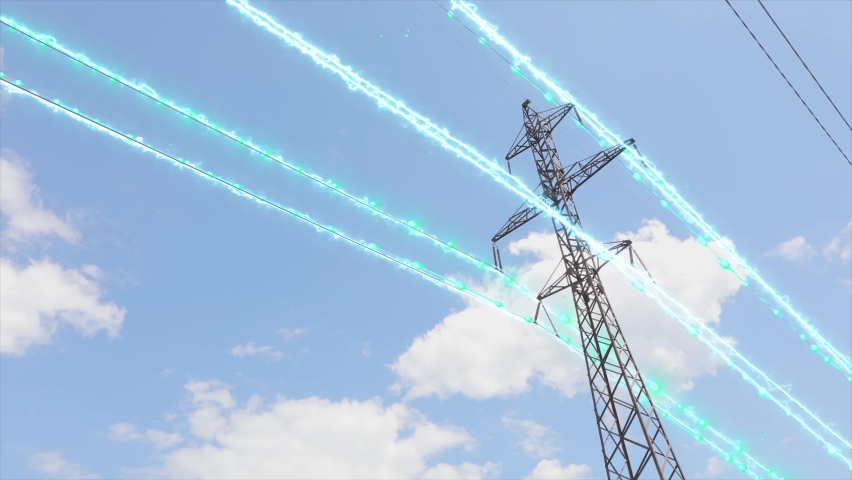 High voltage tower. Visualization of current in wires. High voltage tower concept. Electrical Transmission Tower against the blue sky. High Voltage Transmission Tower Royalty-Free Stock Footage #1094928547