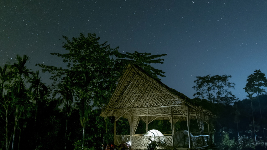 Timelapse of Star Trail Over Bamboo House In Nagaland