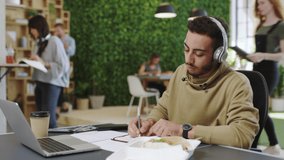 Headphones, laptop and businessman in busy office writing digital marketing strategy in learning notebook. Thinking, innovation and vision creative worker on technology planning Egyptian brand growth - Powered by Shutterstock - Get 15% off with code: PIKWIZARD15