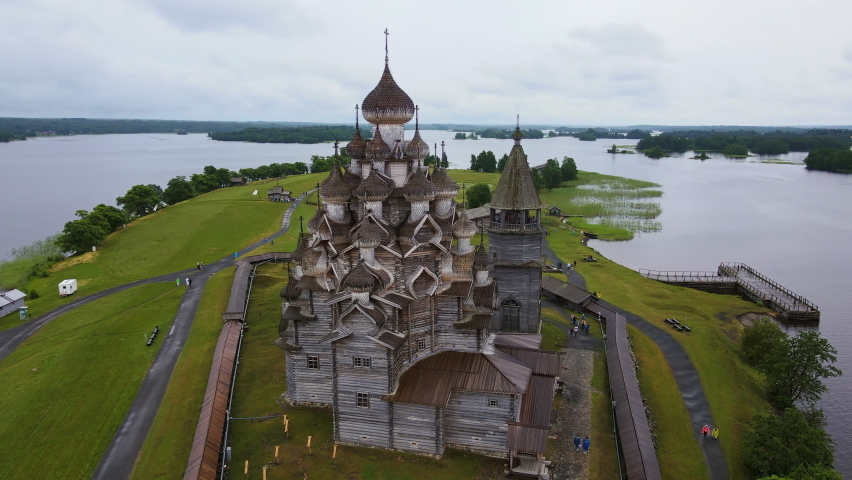 The beautiful wooden church complex of Kizhi is located on an island in Lake Onega. Drone view. Historical landmark of Karelia and Russia