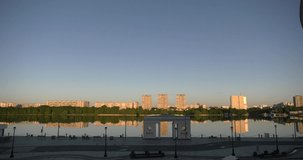 4K video footage view of Moscow Northern river station and boats near Khimki, river Moscow, embankment and area around it on summer morning in the capital of Russia