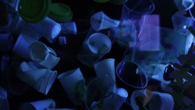 plastic cups float in water. ecological catastrophe. plastic pollution. the problem of the ecology of the world ocean on planet earth. footage, free space