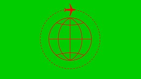 Animated red plane flies along a trajectory. Planet Earth with plane around. Concept of airplane travel. Trip around the world. Looped video. Linear symbol. Flat illustration isolated on a green backg