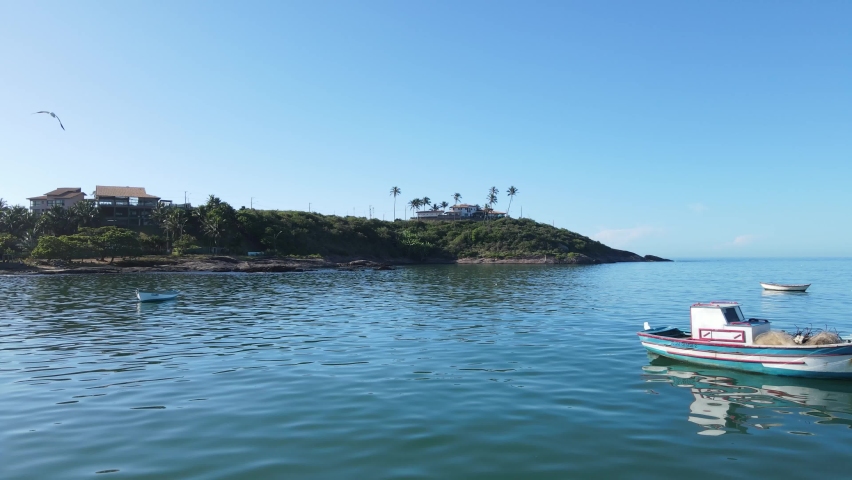 Aerial drone image of Meaipe beach in Guarapari a Cidadae Saúde. Tourist destination for thousands of people in summer.